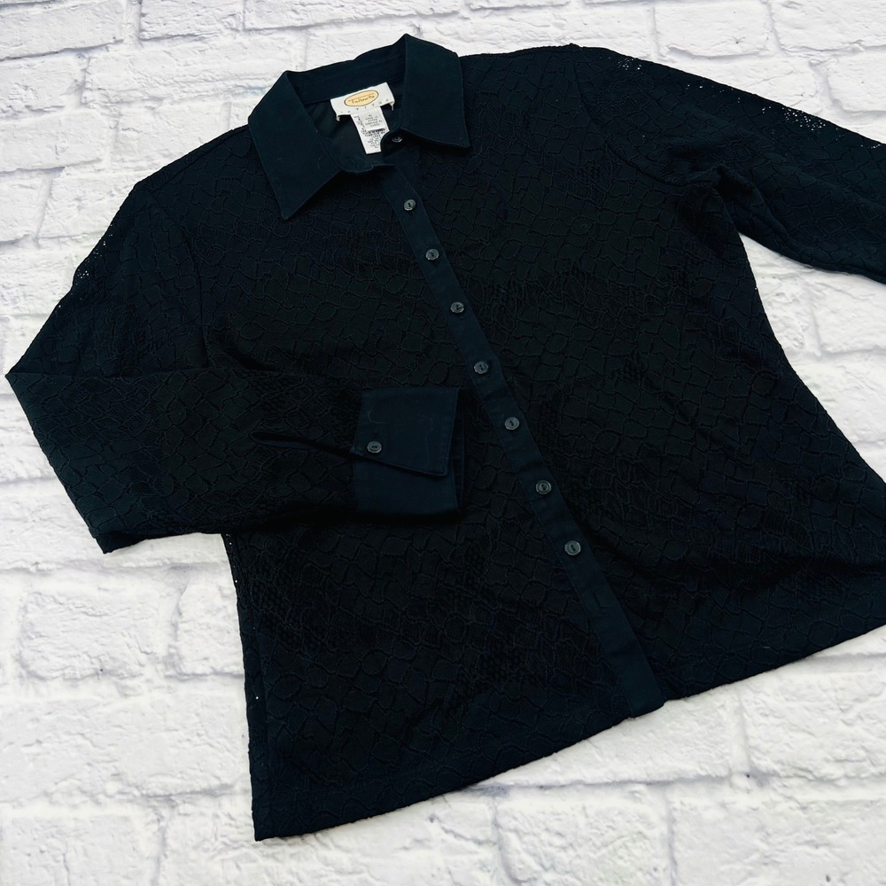 Talbots Petites Black Lace Button Down Blouse Small Petite Long Sleeve Collared